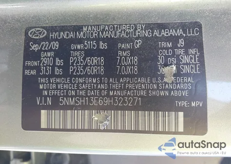 2009 Hyundai Santa Fe Se/Limited z USA, uszkodzony, nr VIN 5NMSH13E69H323271